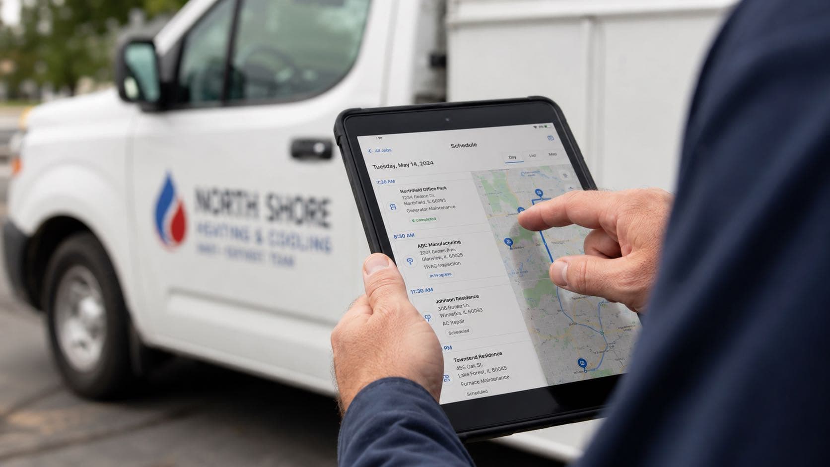 Technician reviewing the live job schedule on a tablet